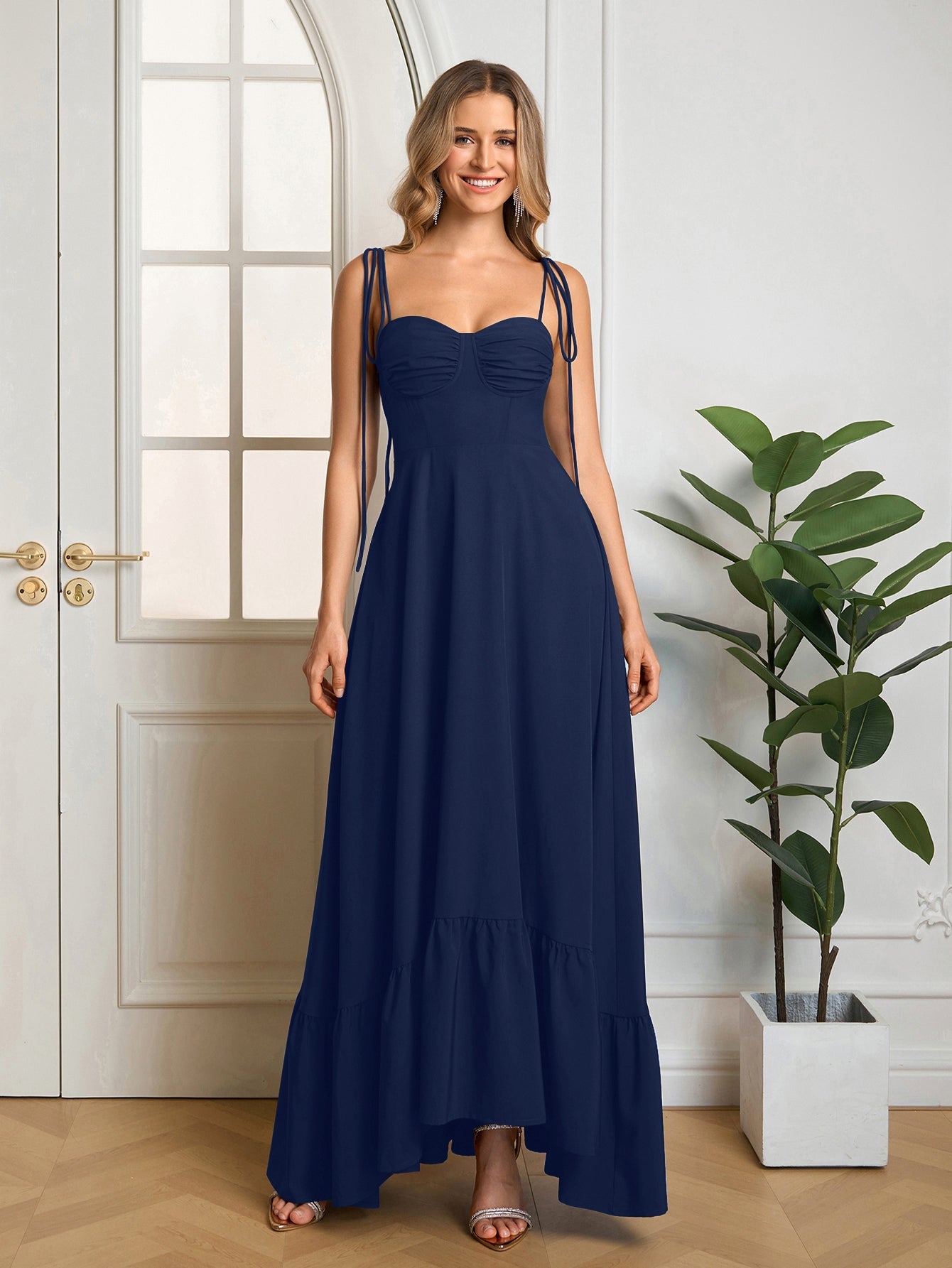 Tie Shoulder Ruched Bust Maxi Solid Dress