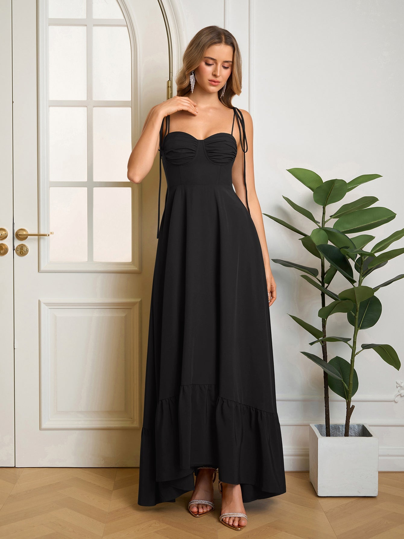 Tie Shoulder Ruched Bust Maxi Solid Dress