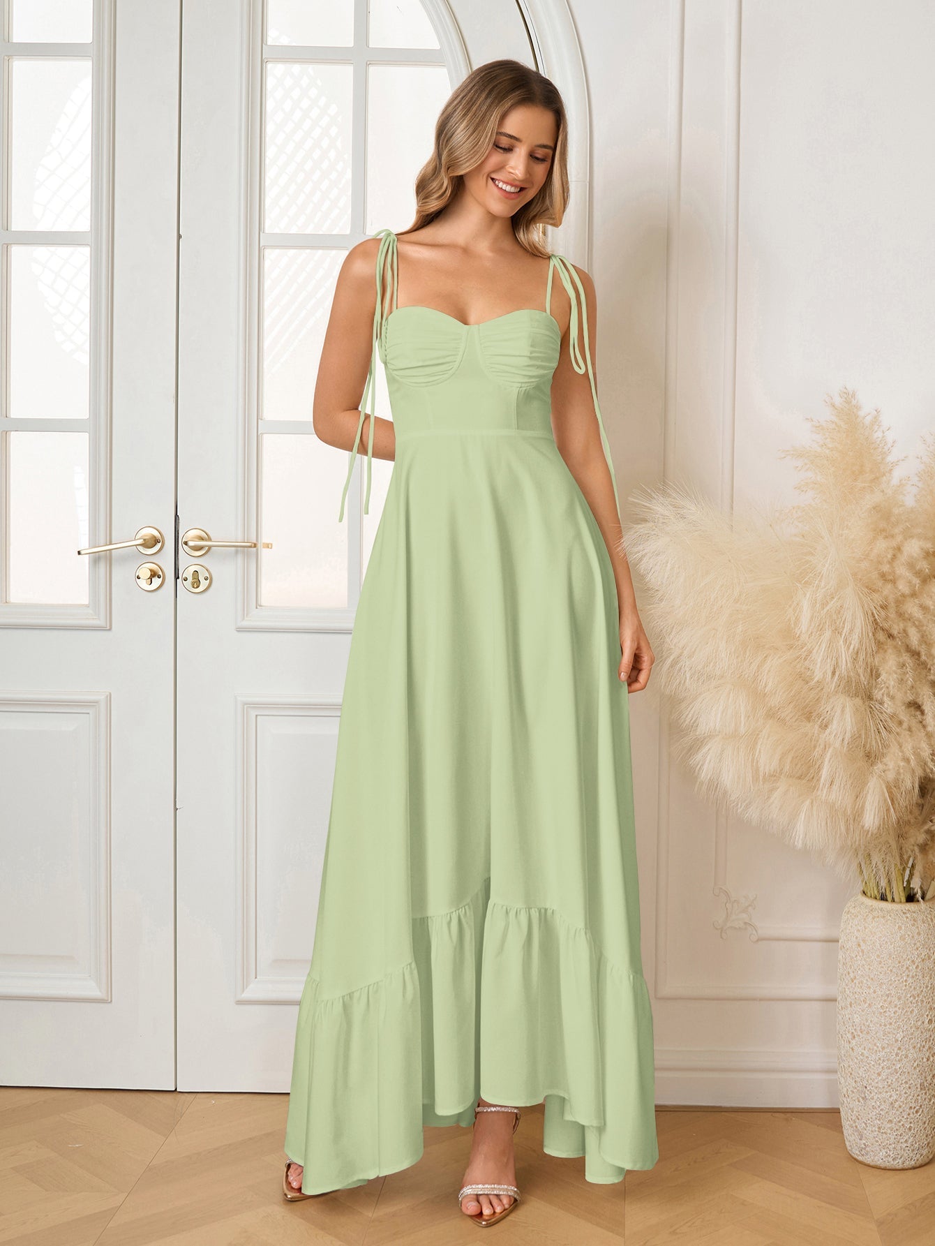 Tie Shoulder Ruched Bust Maxi Solid Dress