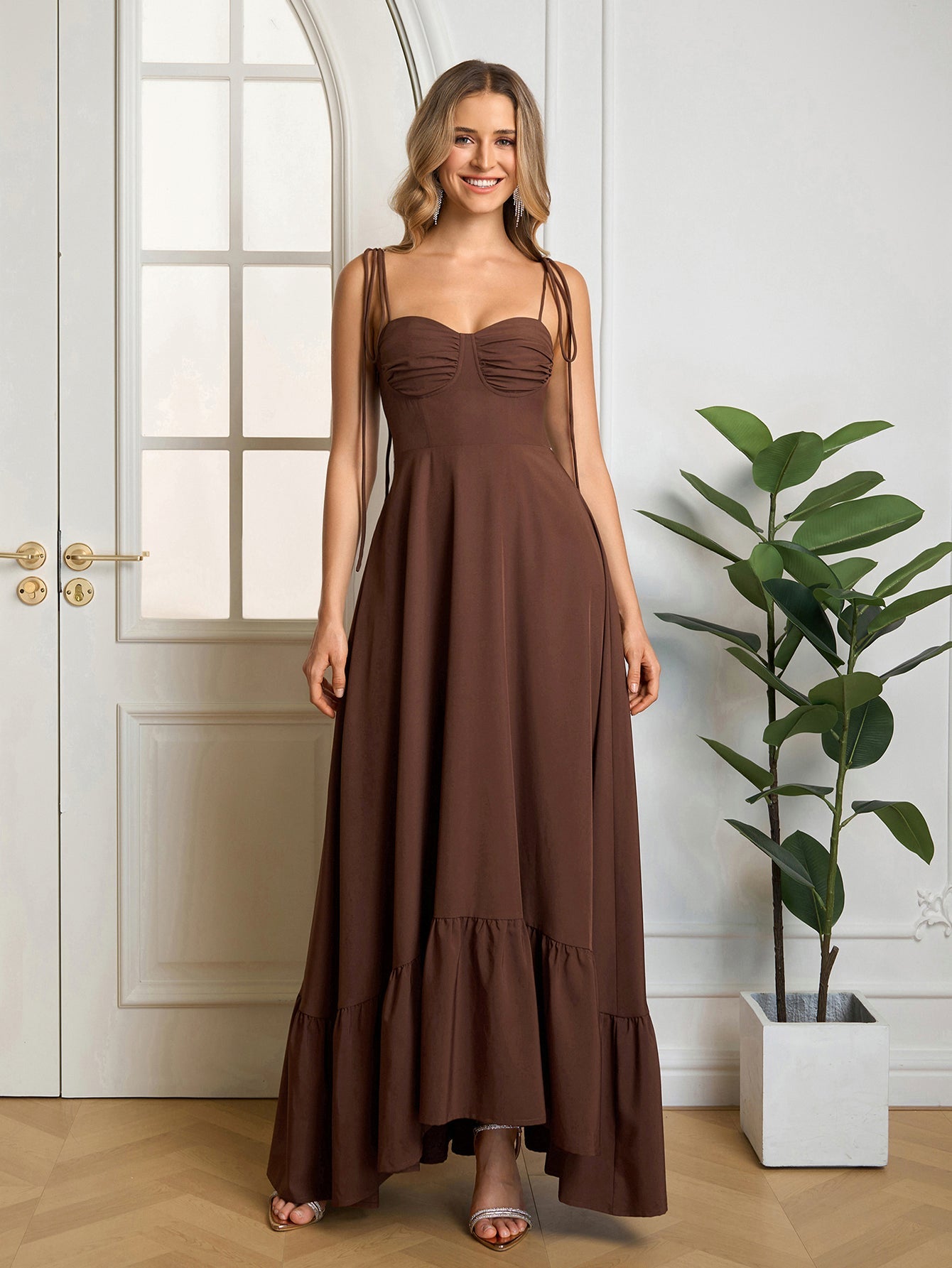 Tie Shoulder Ruched Bust Maxi Solid Dress