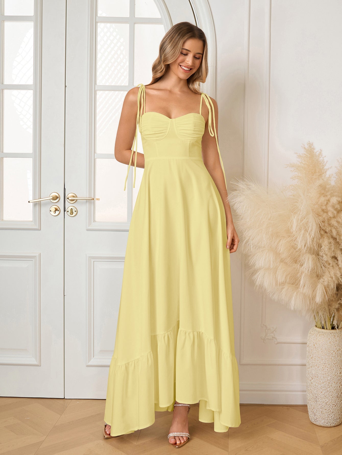 Tie Shoulder Ruched Bust Maxi Solid Dress