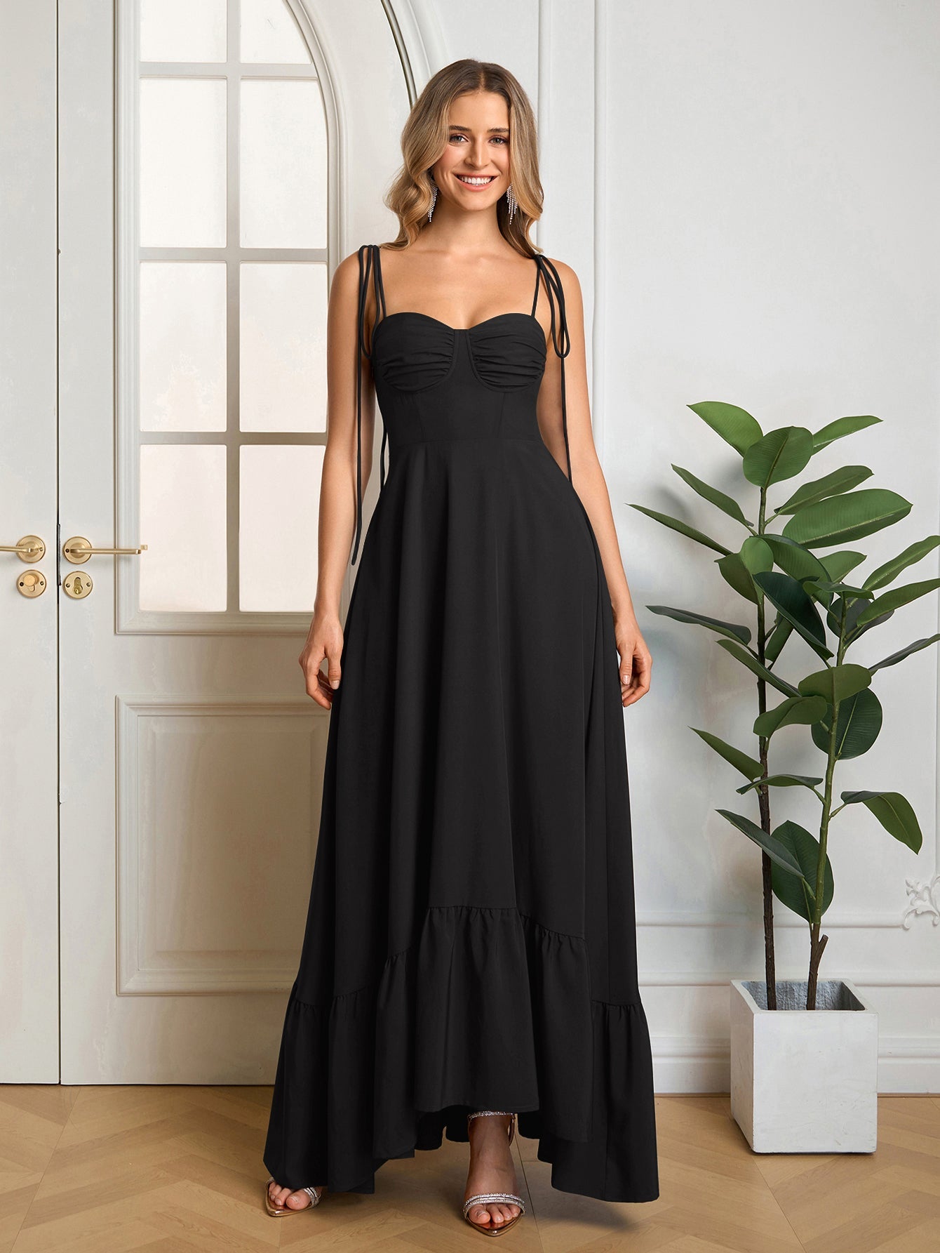 Tie Shoulder Ruched Bust Maxi Solid Dress