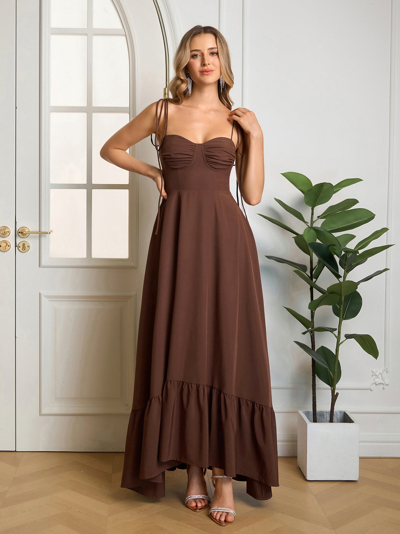 Tie Shoulder Ruched Bust Maxi Solid Dress
