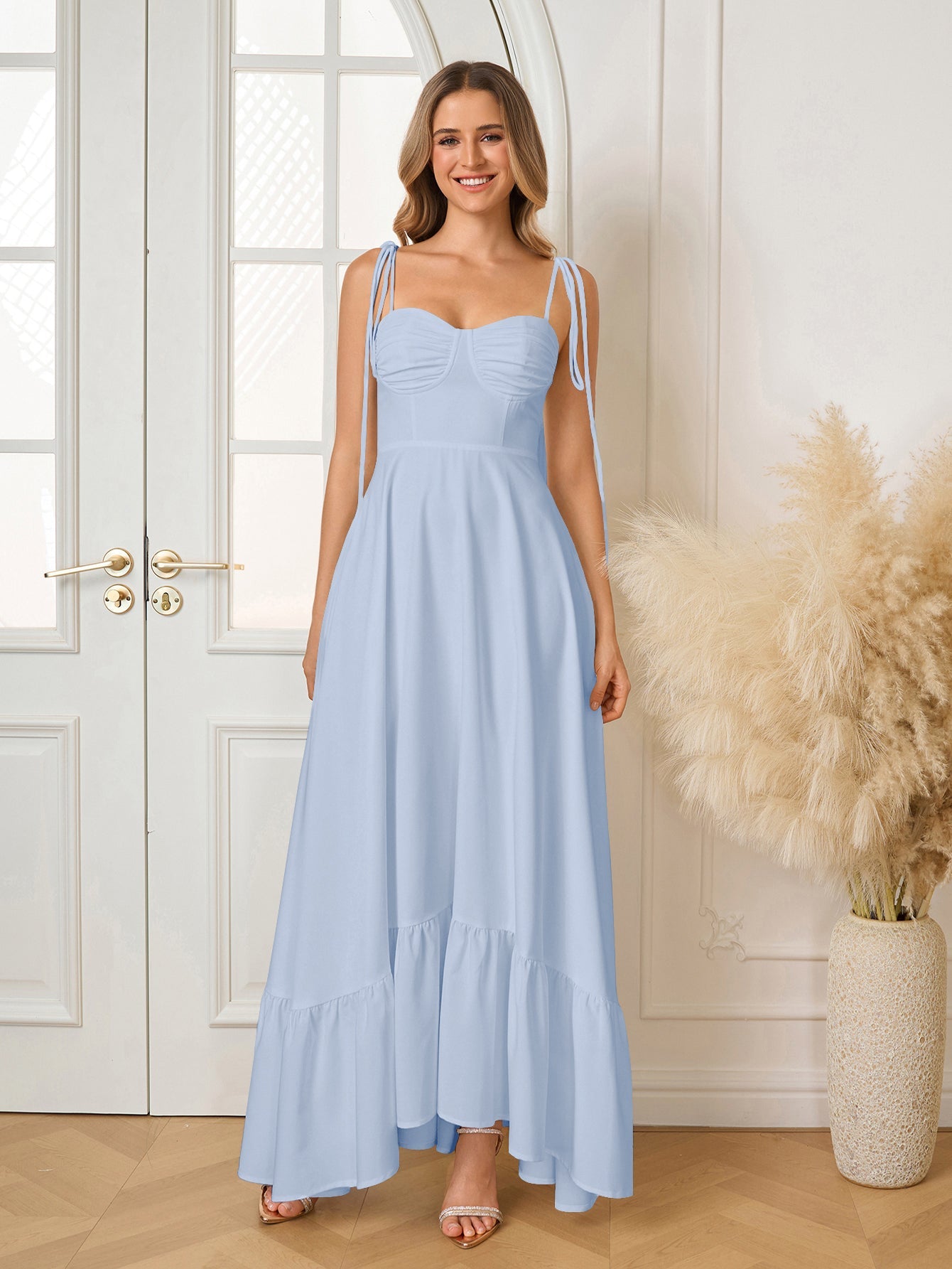 Tie Shoulder Ruched Bust Maxi Solid Dress