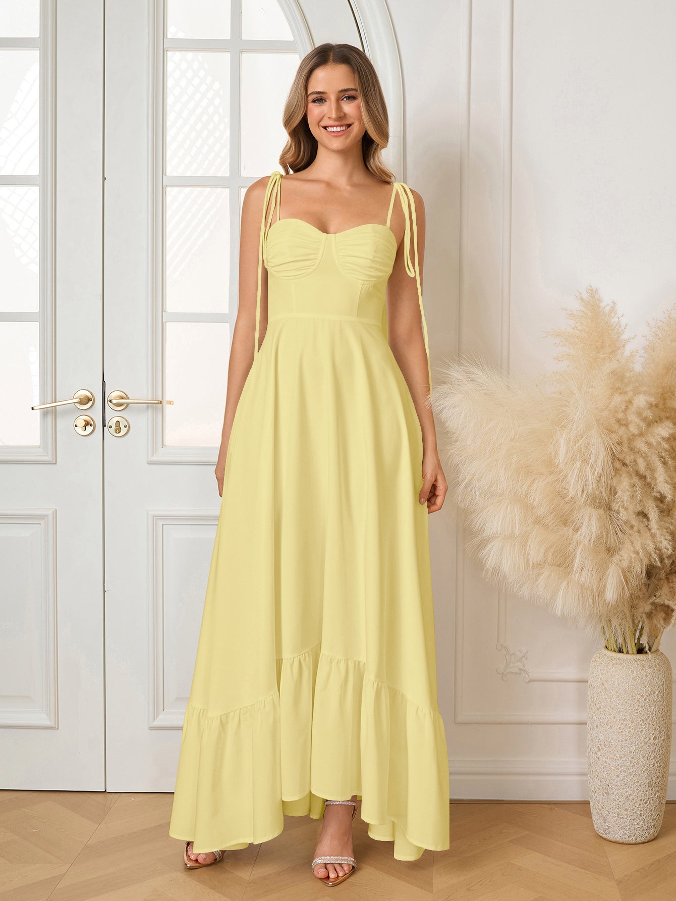 Tie Shoulder Ruched Bust Maxi Solid Dress