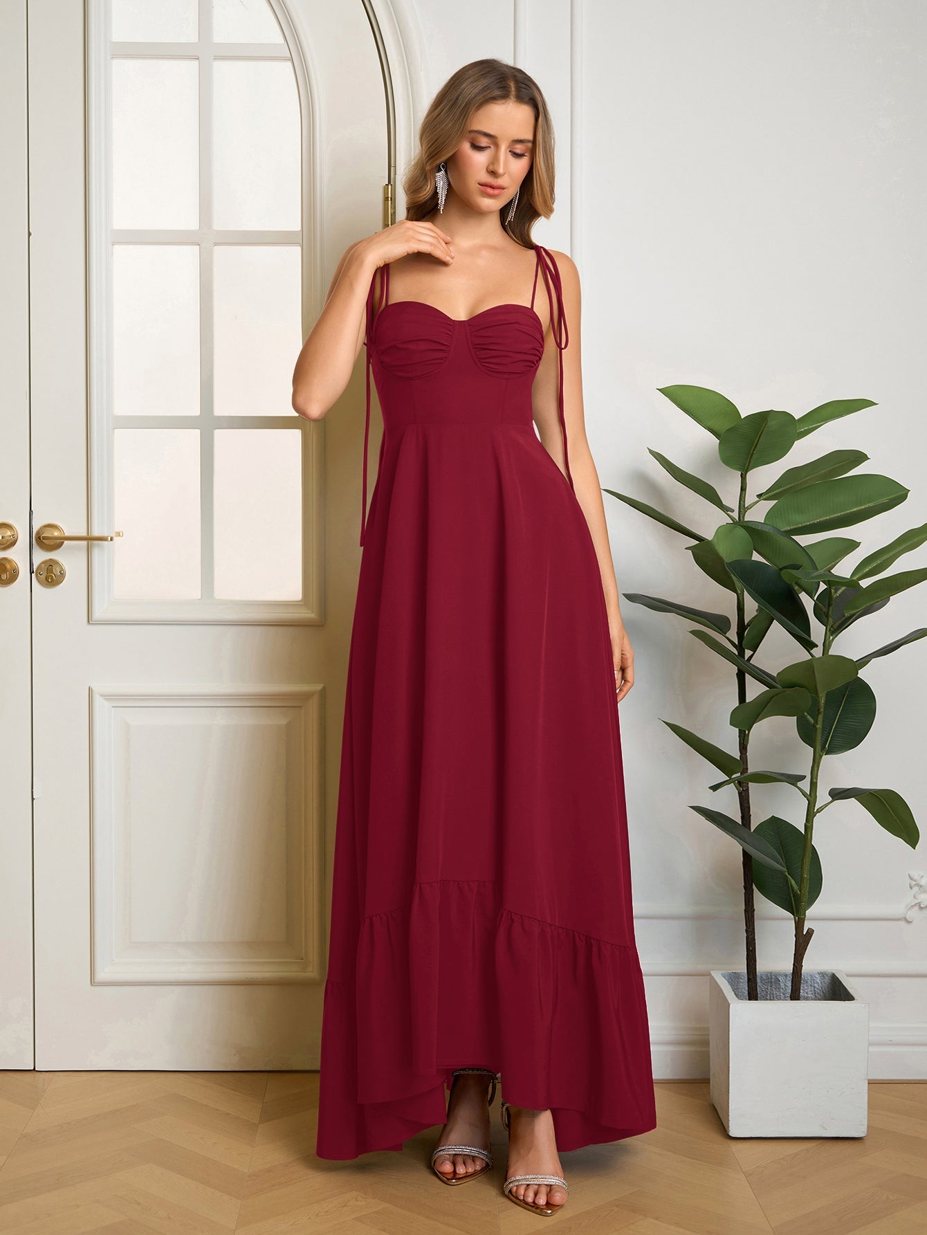 Tie Shoulder Ruched Bust Maxi Solid Dress