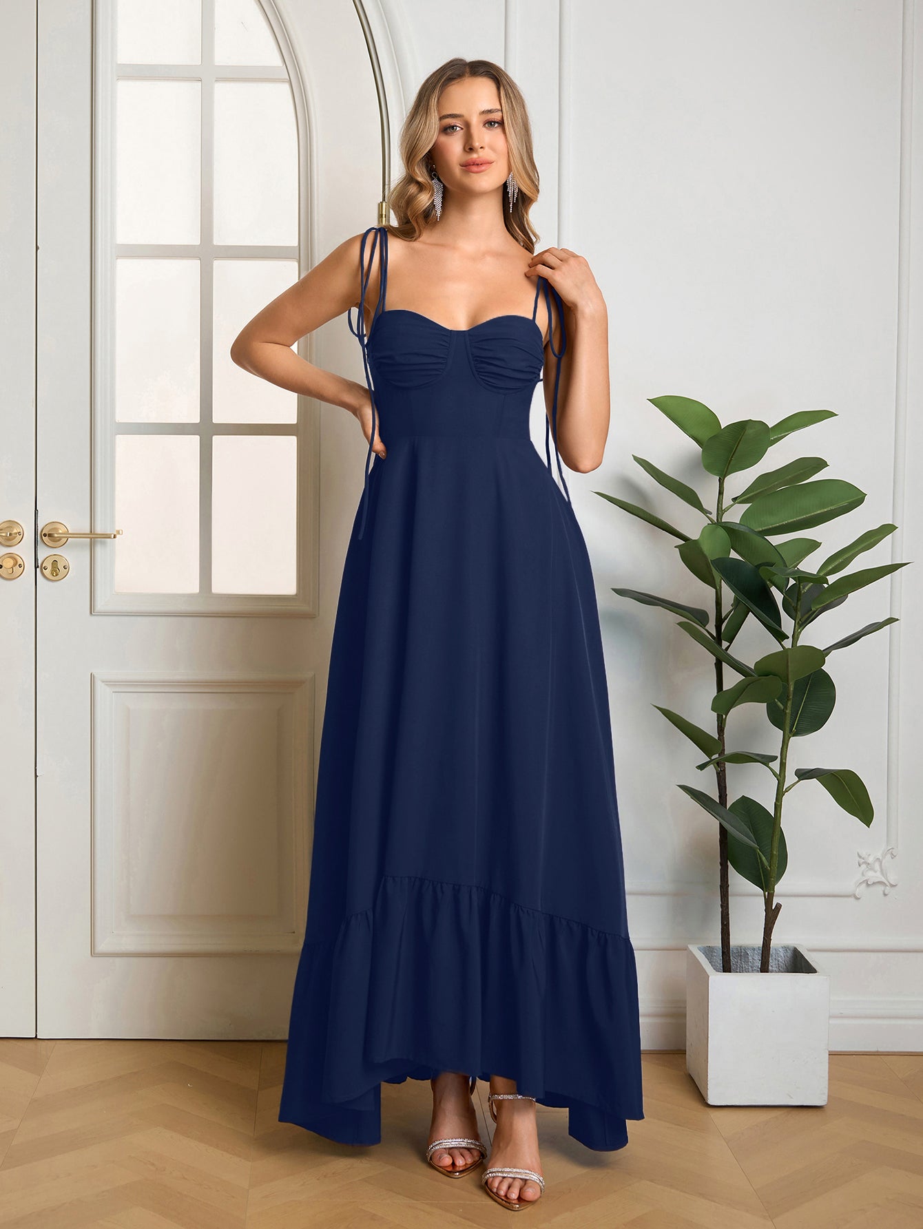 Tie Shoulder Ruched Bust Maxi Solid Dress