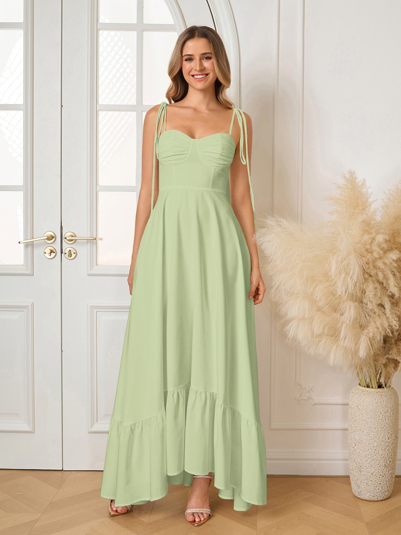 Tie Shoulder Ruched Bust Maxi Solid Dress