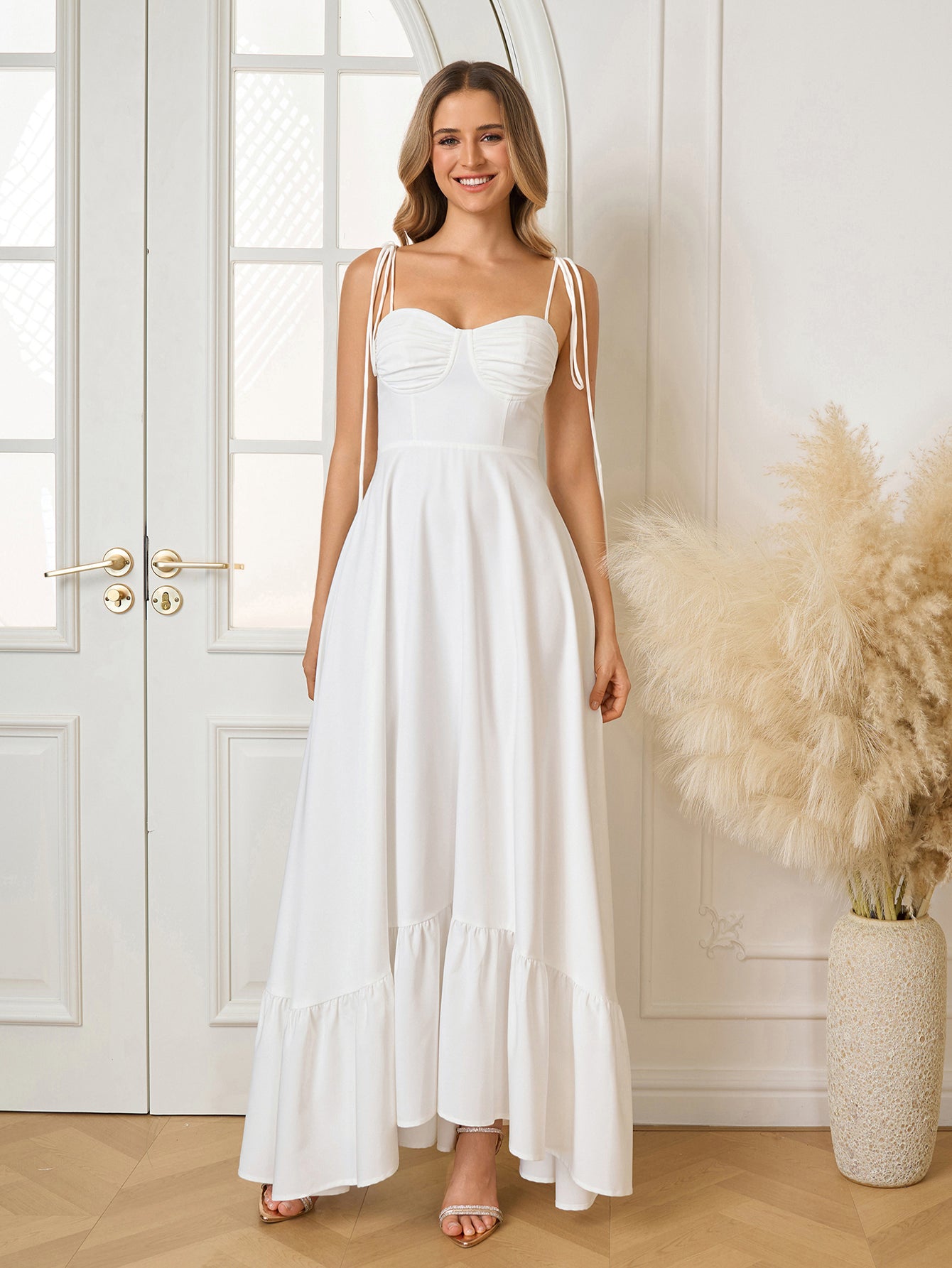 Tie Shoulder Ruched Bust Maxi Solid Dress