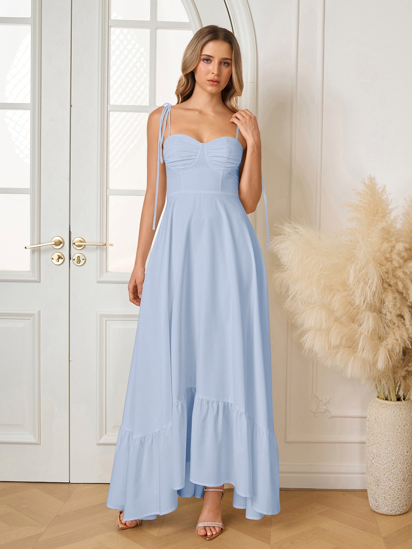 Tie Shoulder Ruched Bust Maxi Solid Dress