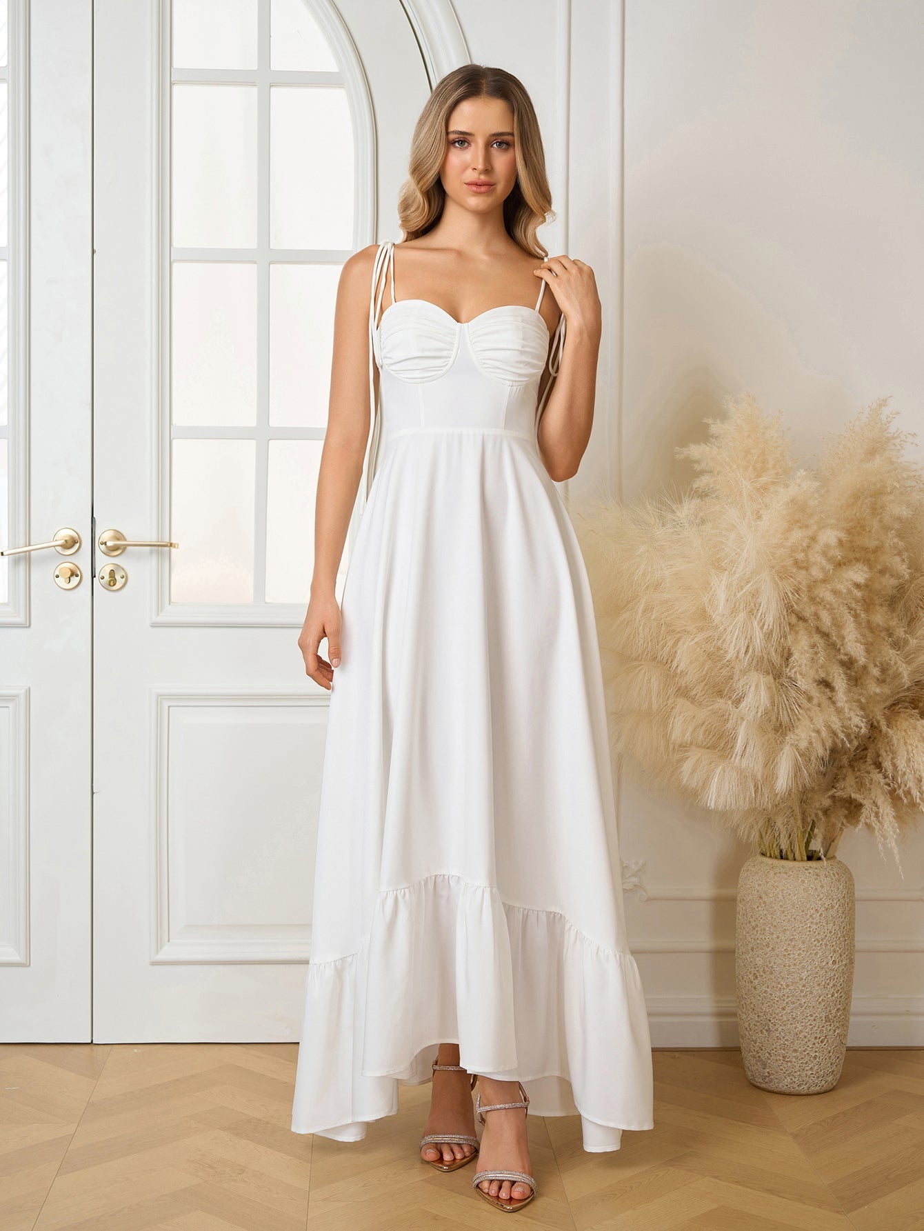 Tie Shoulder Ruched Bust Maxi Solid Dress