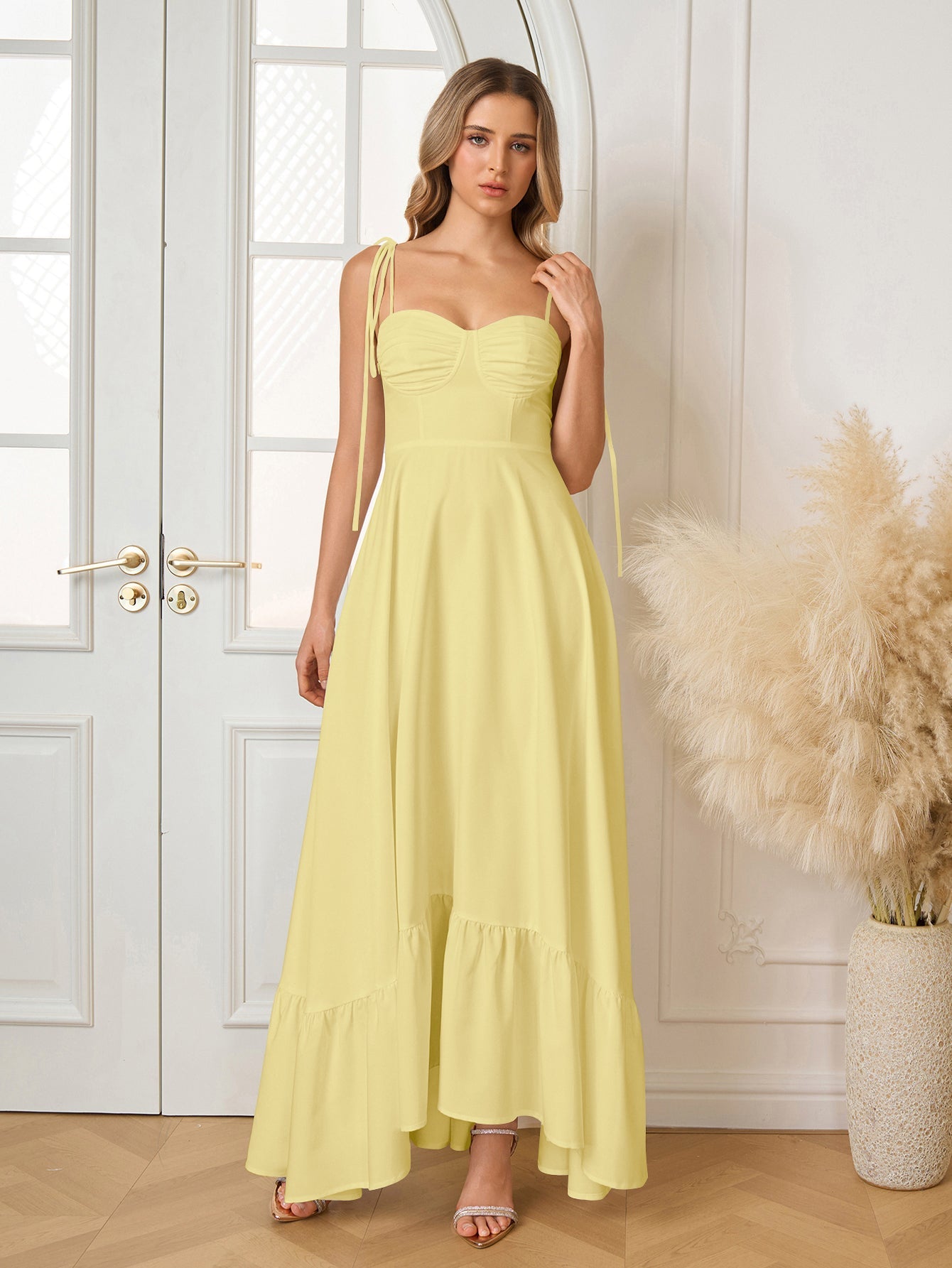 Tie Shoulder Ruched Bust Maxi Solid Dress