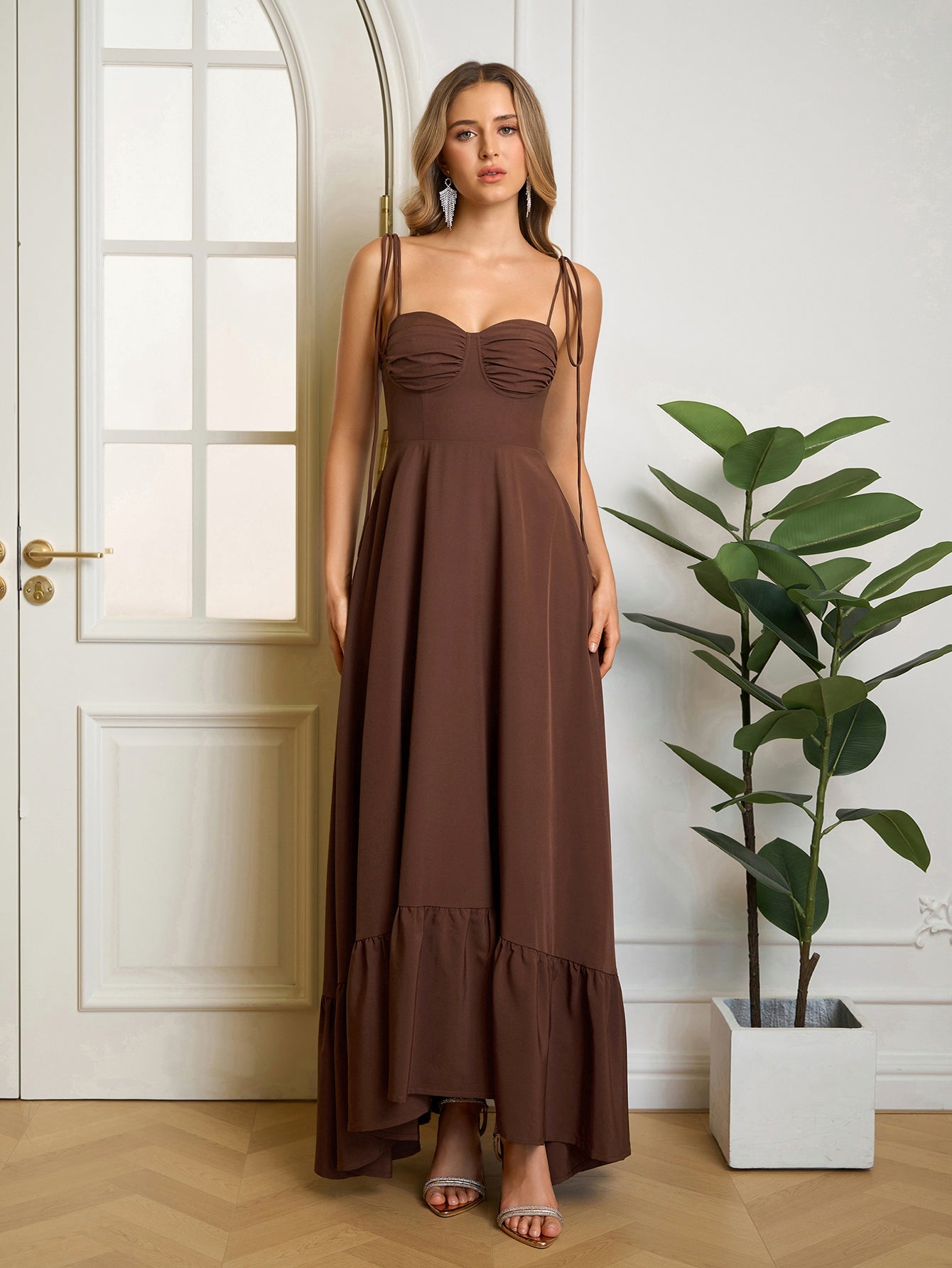 Tie Shoulder Ruched Bust Maxi Solid Dress