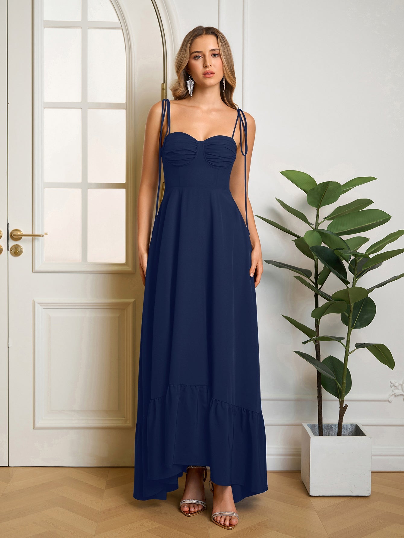 Tie Shoulder Ruched Bust Maxi Solid Dress