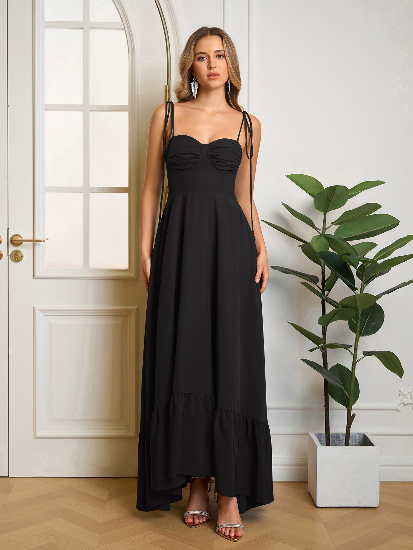 Tie Shoulder Ruched Bust Maxi Solid Dress
