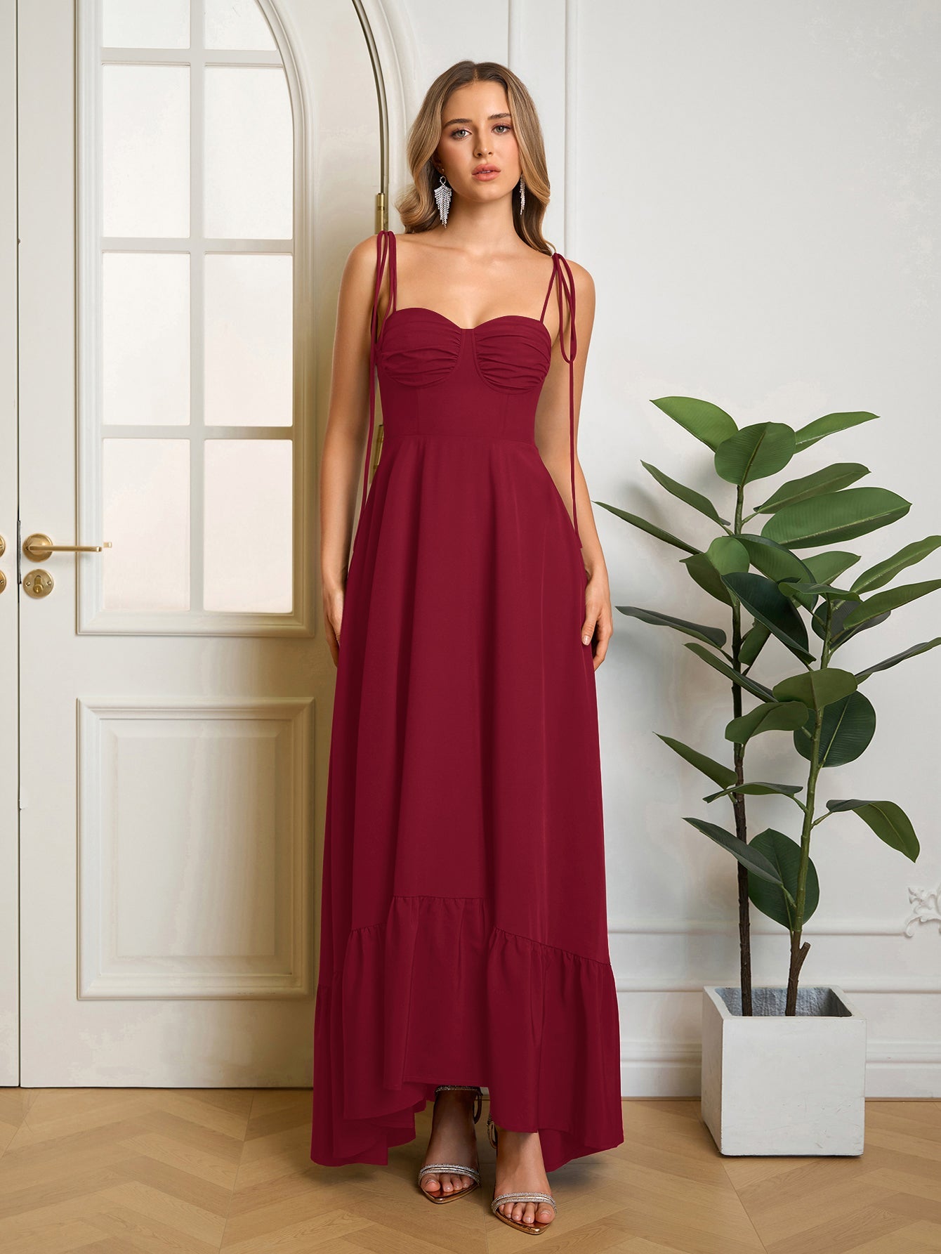 Tie Shoulder Ruched Bust Maxi Solid Dress