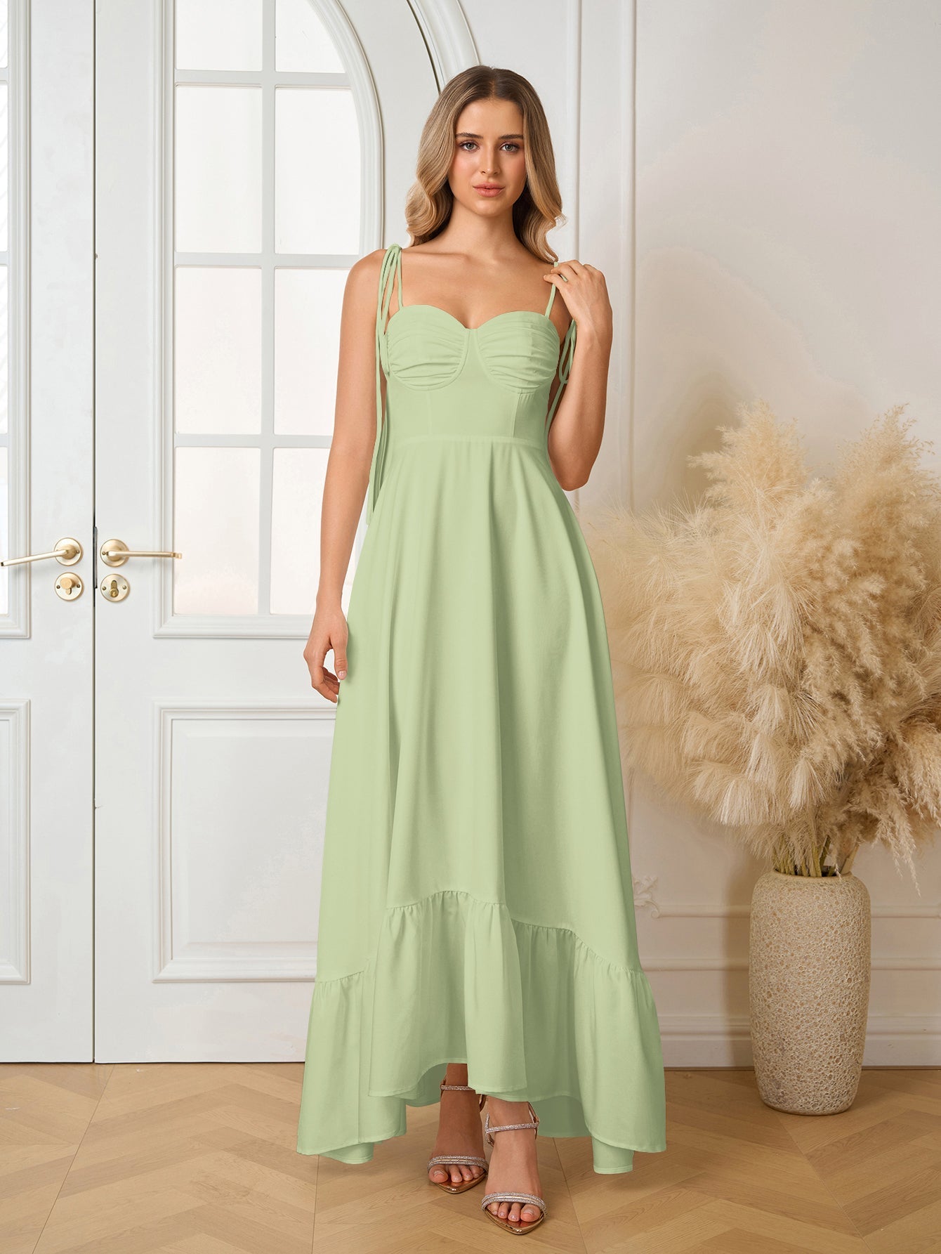 Tie Shoulder Ruched Bust Maxi Solid Dress