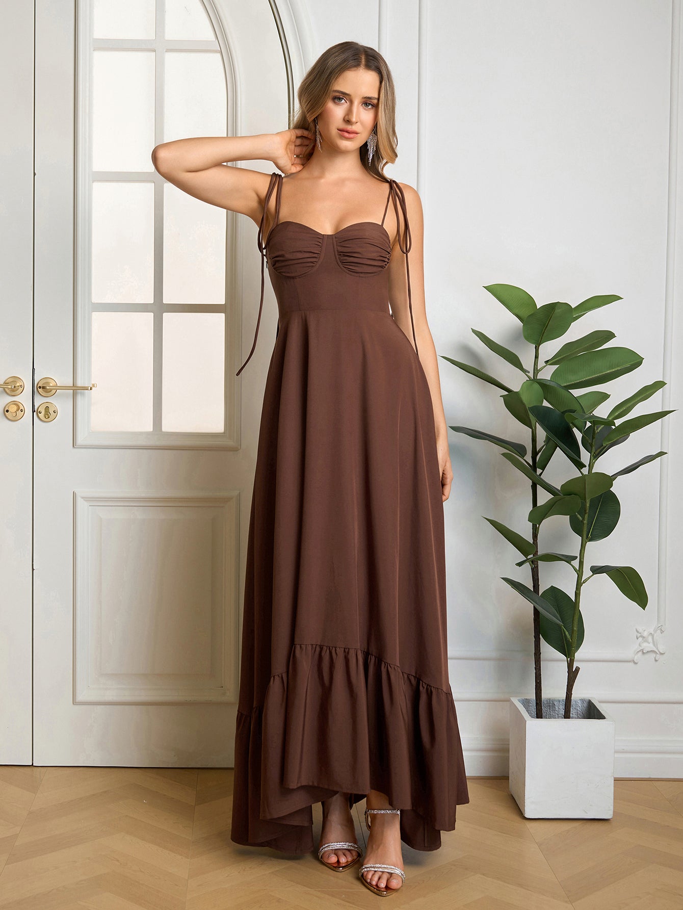 Tie Shoulder Ruched Bust Maxi Solid Dress