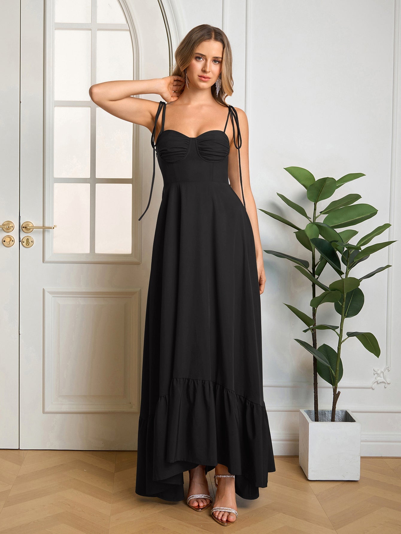 Tie Shoulder Ruched Bust Maxi Solid Dress