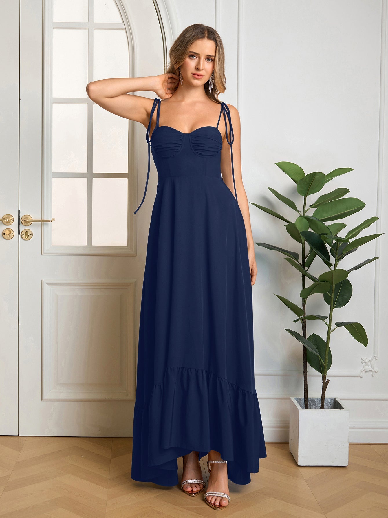 Tie Shoulder Ruched Bust Maxi Solid Dress