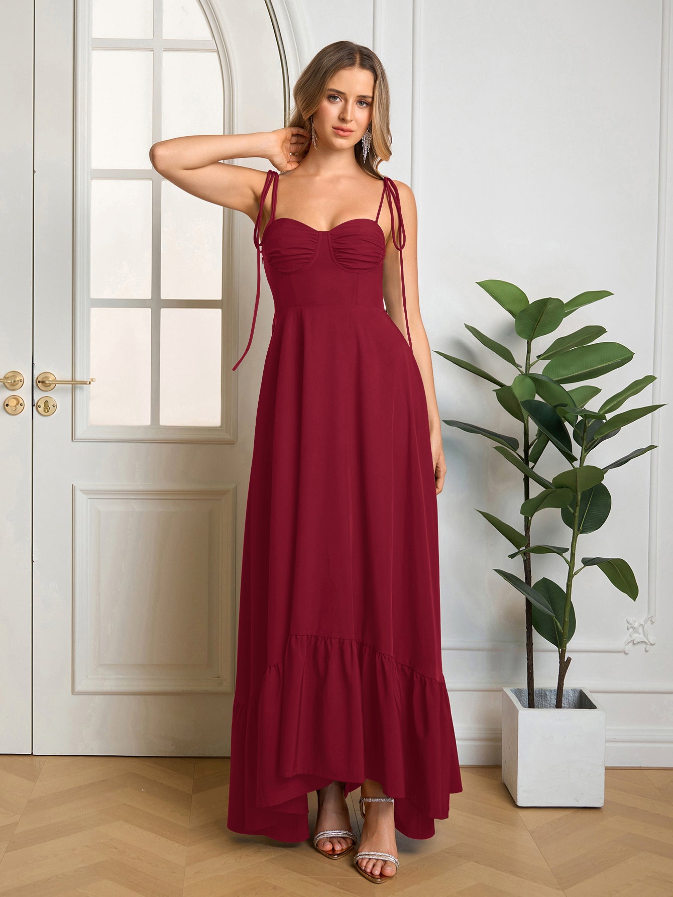 Tie Shoulder Ruched Bust Maxi Solid Dress