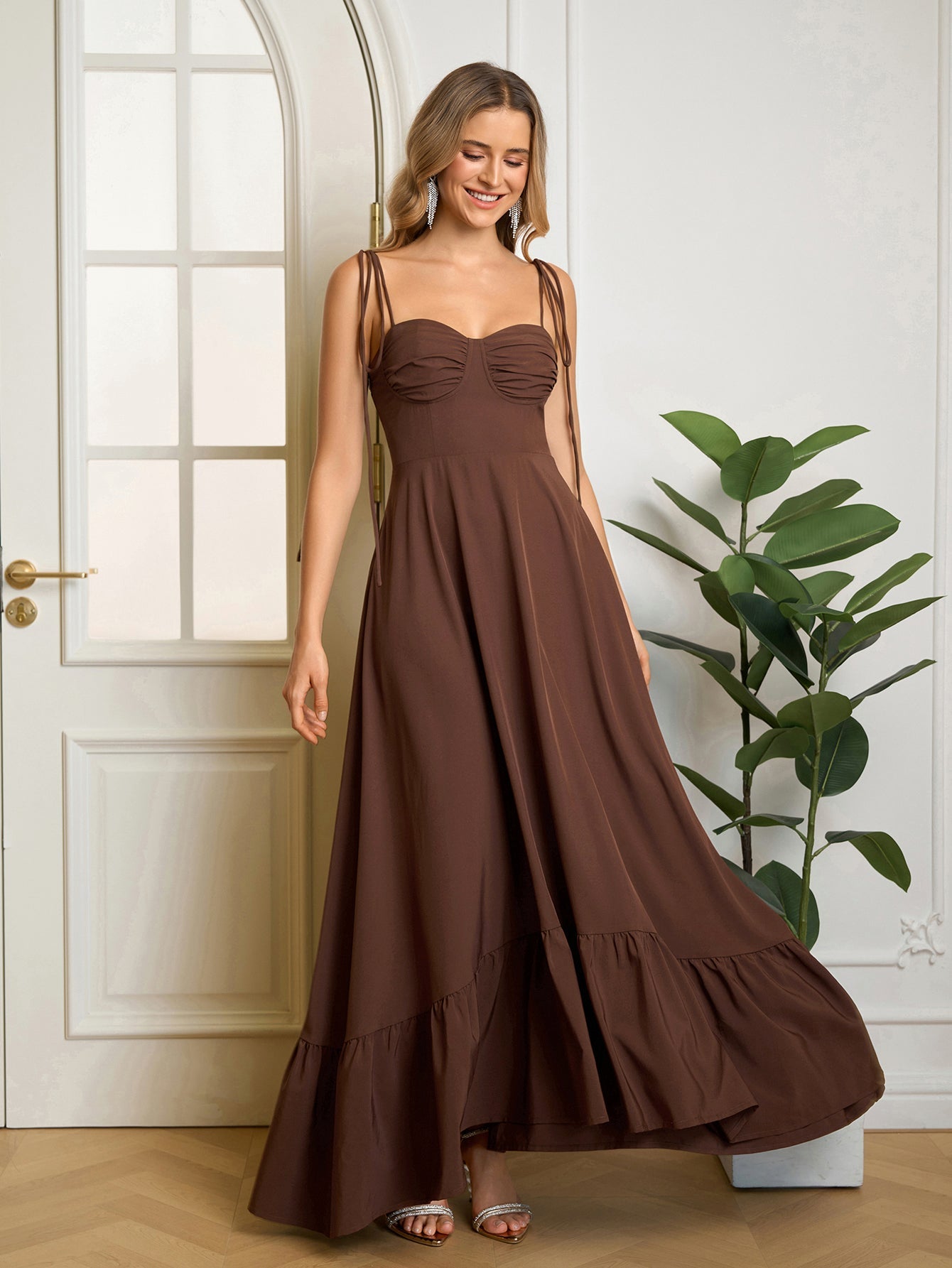 Tie Shoulder Ruched Bust Maxi Solid Dress