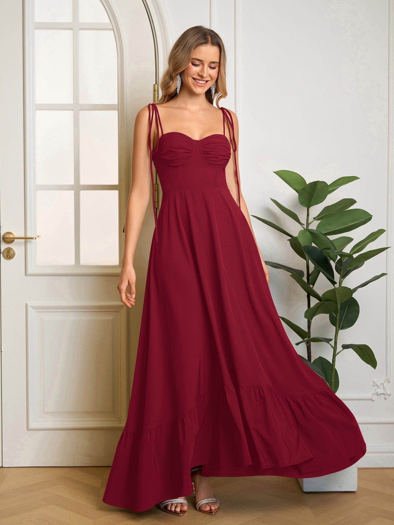 Tie Shoulder Ruched Bust Maxi Solid Dress