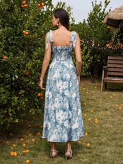 Tie Shoulder Ruched Pocket Floral Print Dress