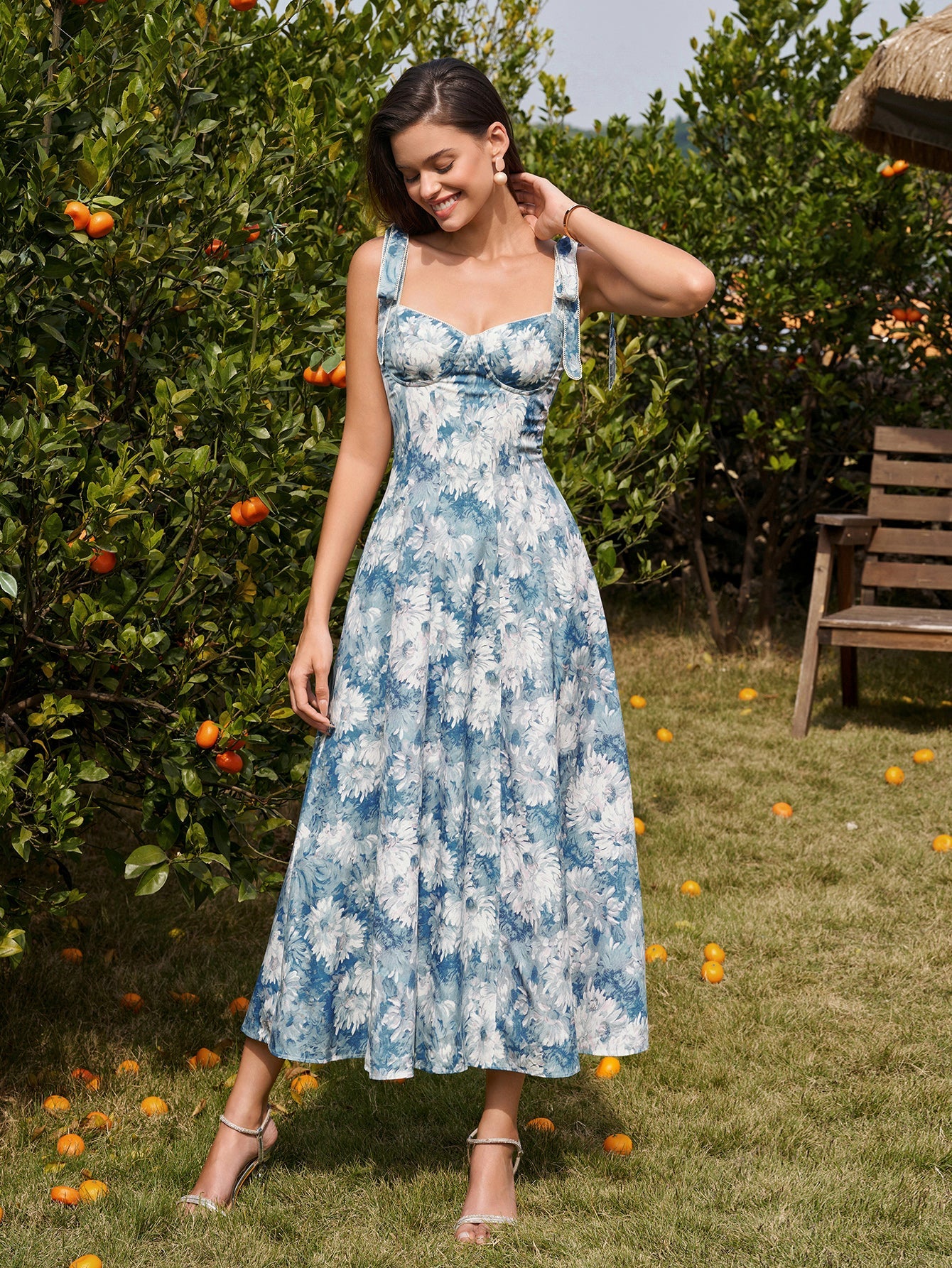 Tie Shoulder Ruched Pocket Floral Print Dress