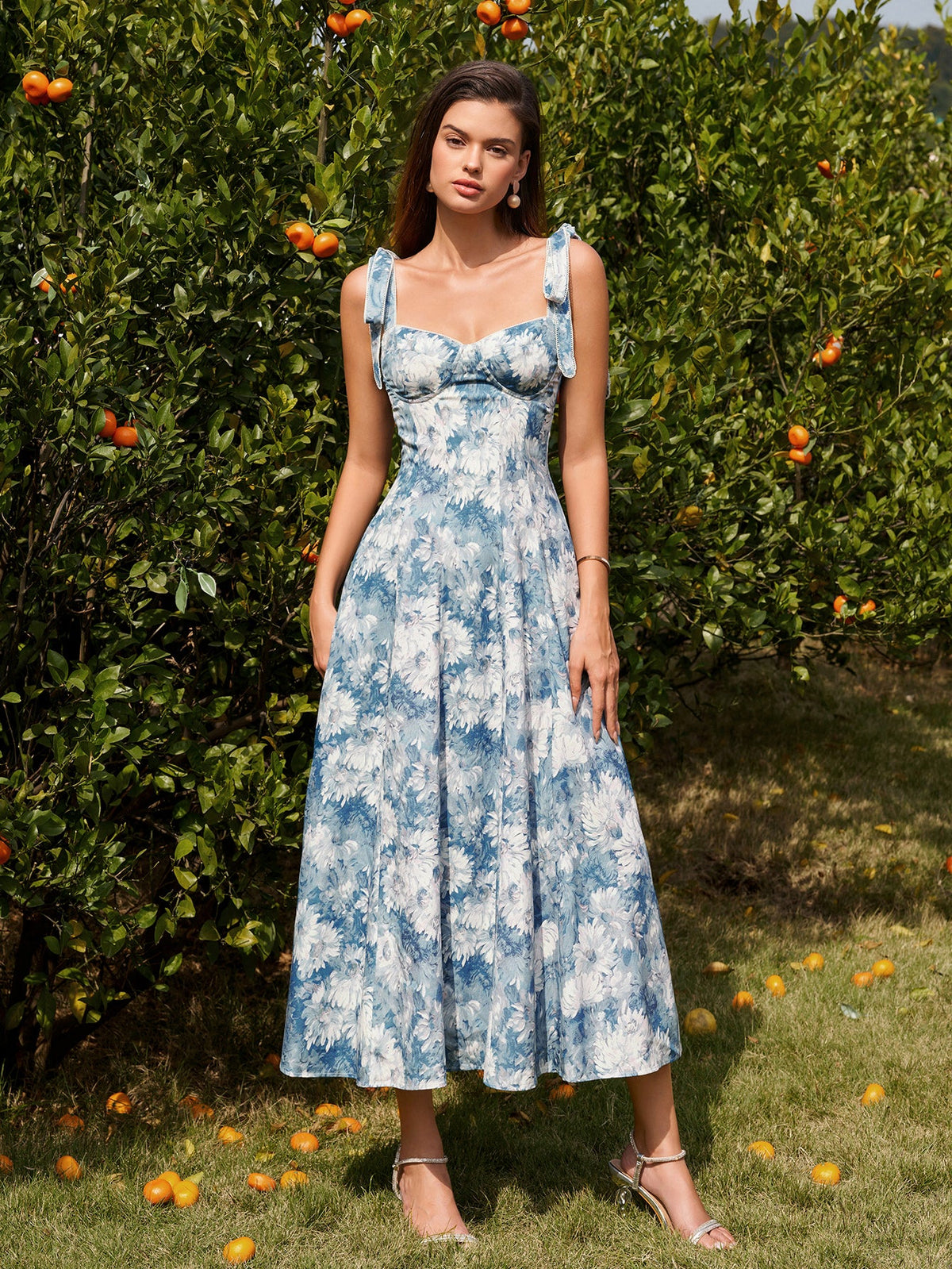 Tie Shoulder Ruched Pocket Floral Print Dress