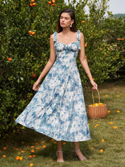 Tie Shoulder Ruched Pocket Floral Print Dress