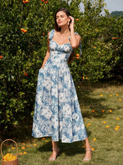 Tie Shoulder Ruched Pocket Floral Print Dress