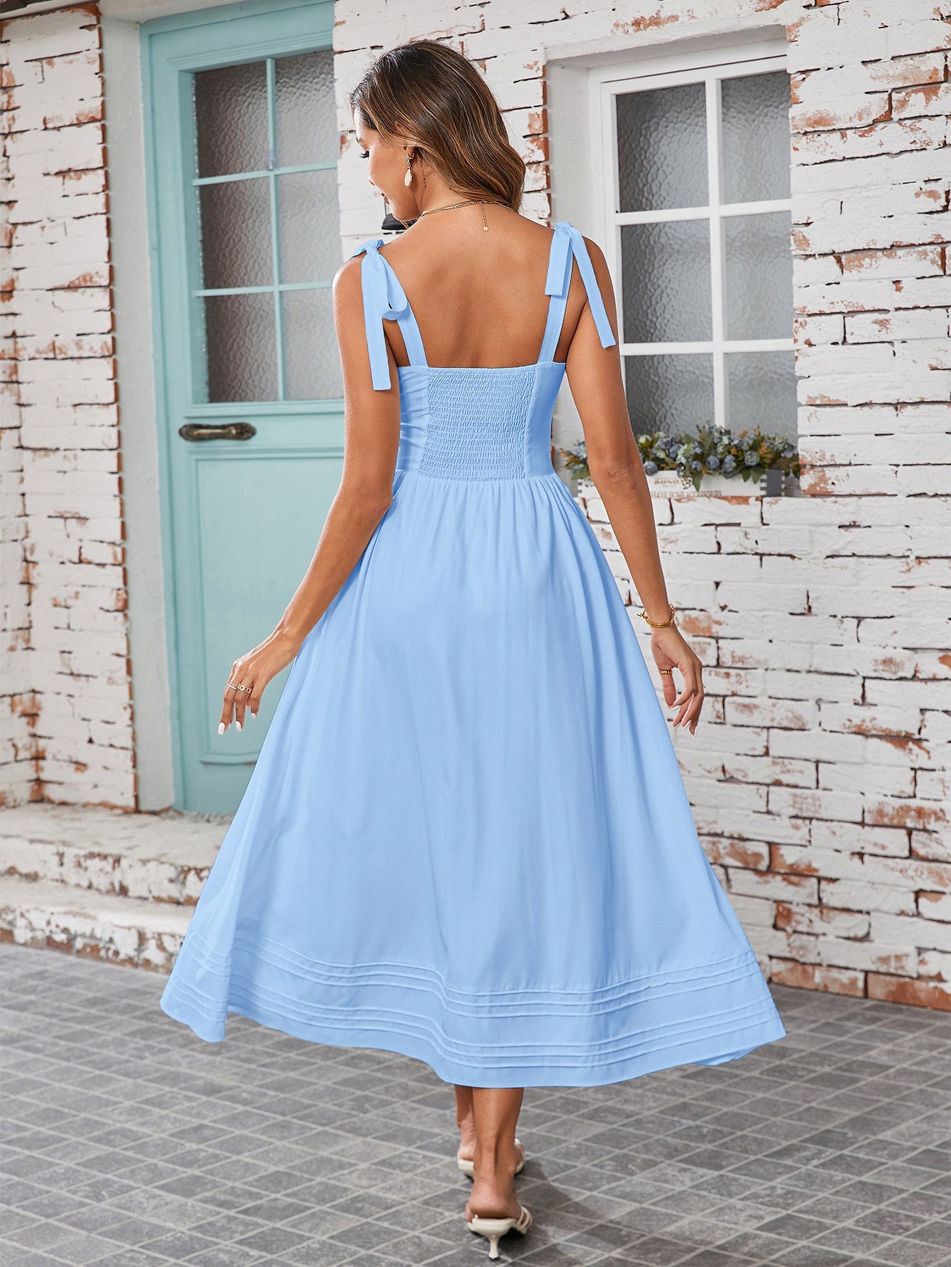 Tie Shoulder V-Neck Pleated Pocket Solid Dress