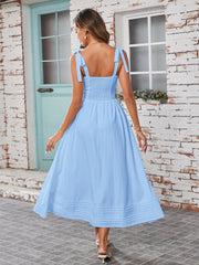 Tie Shoulder V-Neck Pleated Pocket Solid Dress