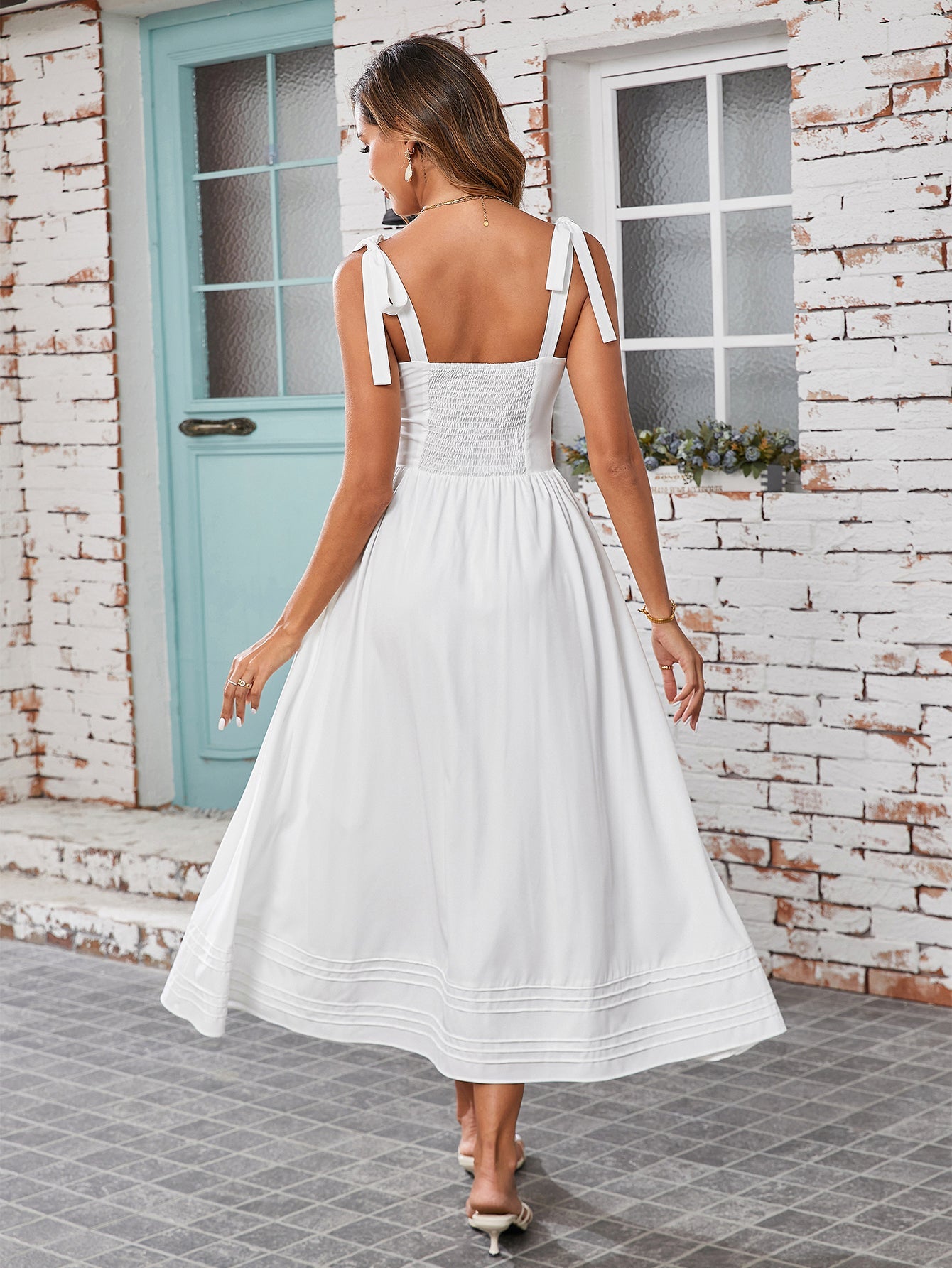 Tie Shoulder V-Neck Pleated Pocket Solid Dress