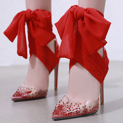 Transparent Pointed Cap-Toe Stiletto Heels With Beads