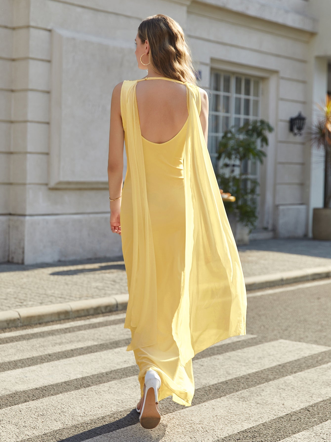 U-Neck Backless Side Ribbon Trim Ruched Mesh Dress