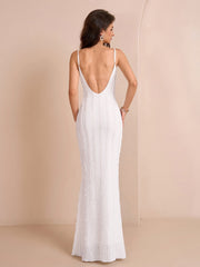 V-Neck Backless Knitted Jacquard Mermaid Hem Cami Dress