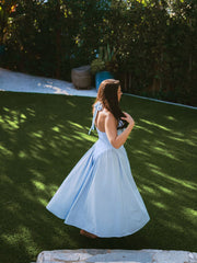 V-Neck Halter Flared Hem Solid Dress