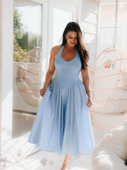 V-Neck Halter Flared Hem Solid Dress