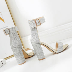 Sparkly Ankle Straps Glitter Chunky Heels Sandals
