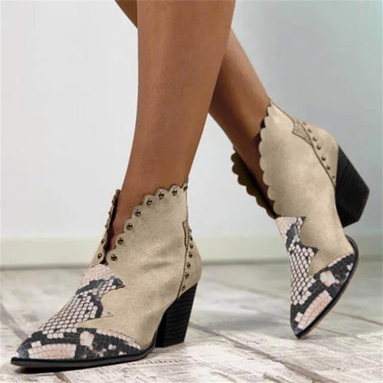 Women's High Heel Boots Pointed Rivet Snake Pattern Martin Boots
