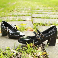 Patent Leather Low Heel Pumps With Buckle