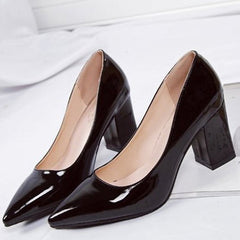Patent Leather Chunky Heel Pumps Pointed Toe Shoes