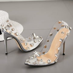Stiletto Heels Cap-Toe Nude Transparent Shoes With Rhinestone