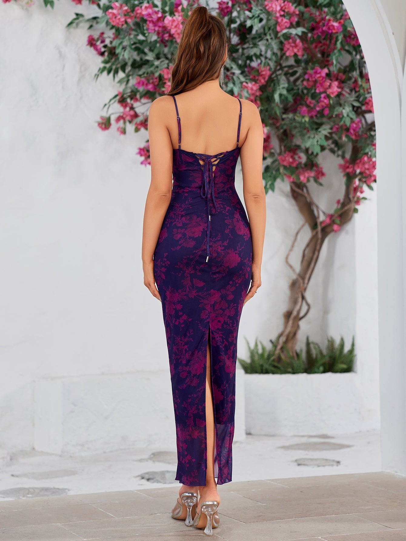 Lace Floral Print Mesh Cami Dress
