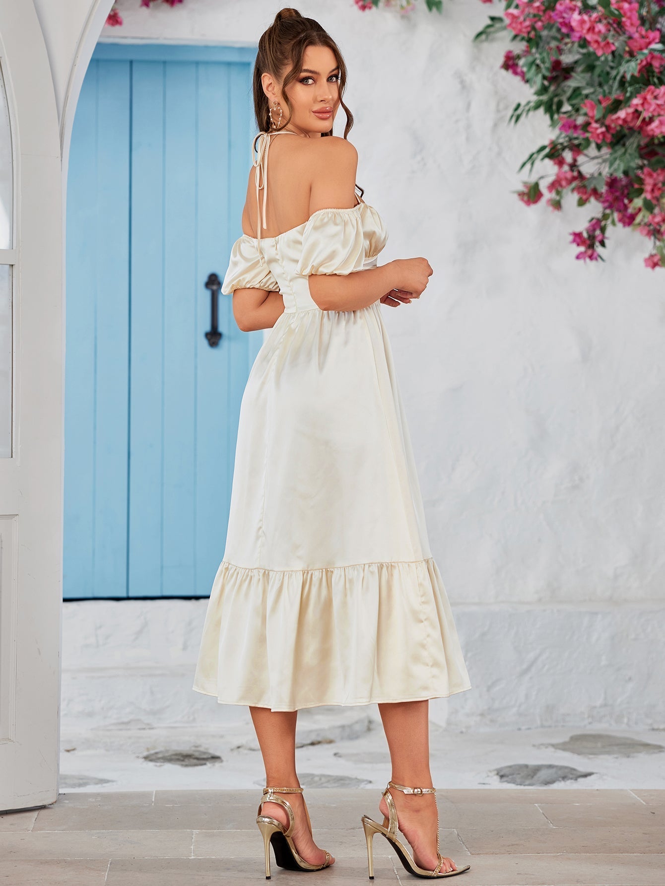 Puff Sleeves Satin Midi Dress