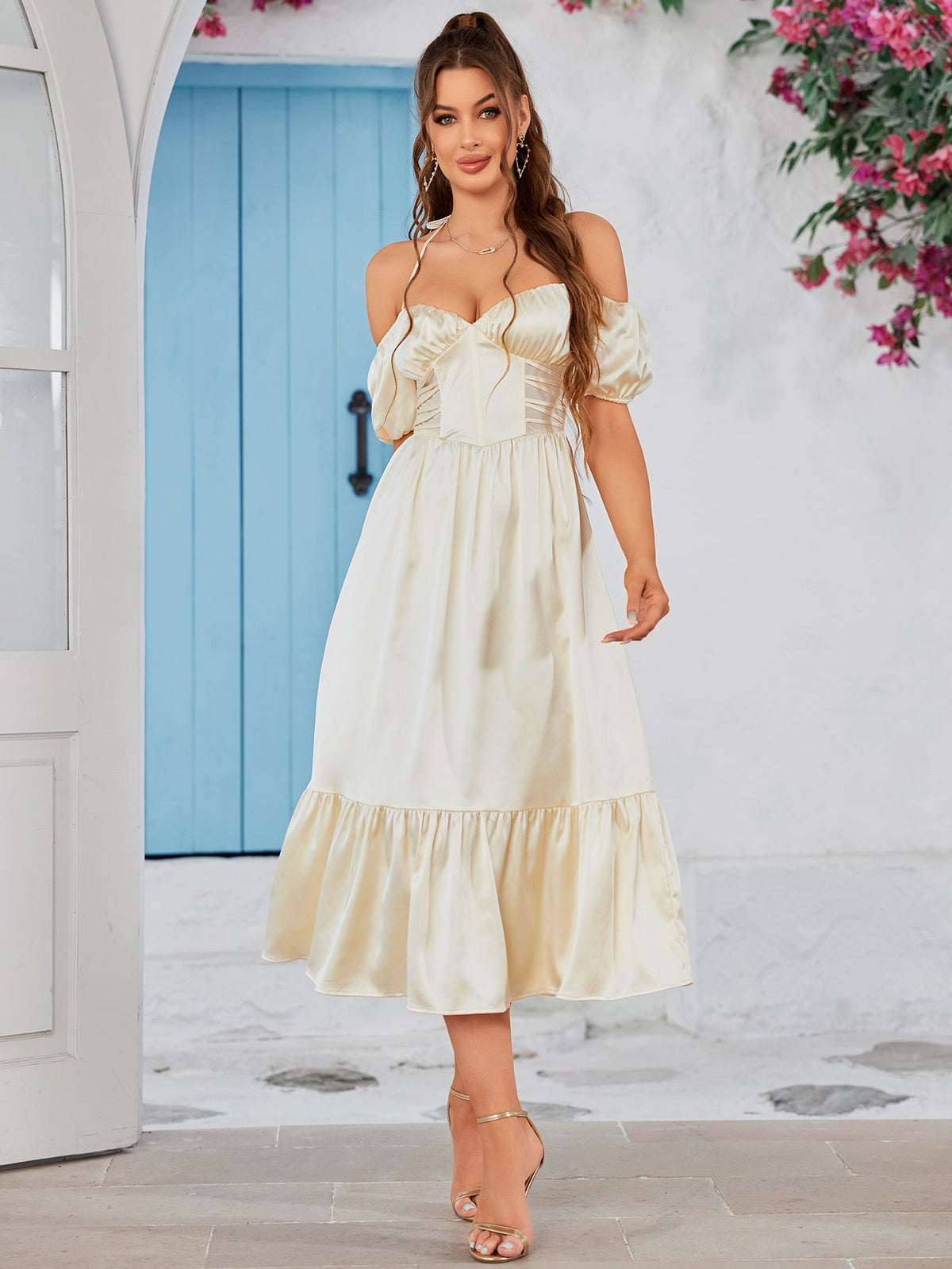 Puff Sleeves Satin Midi Dress