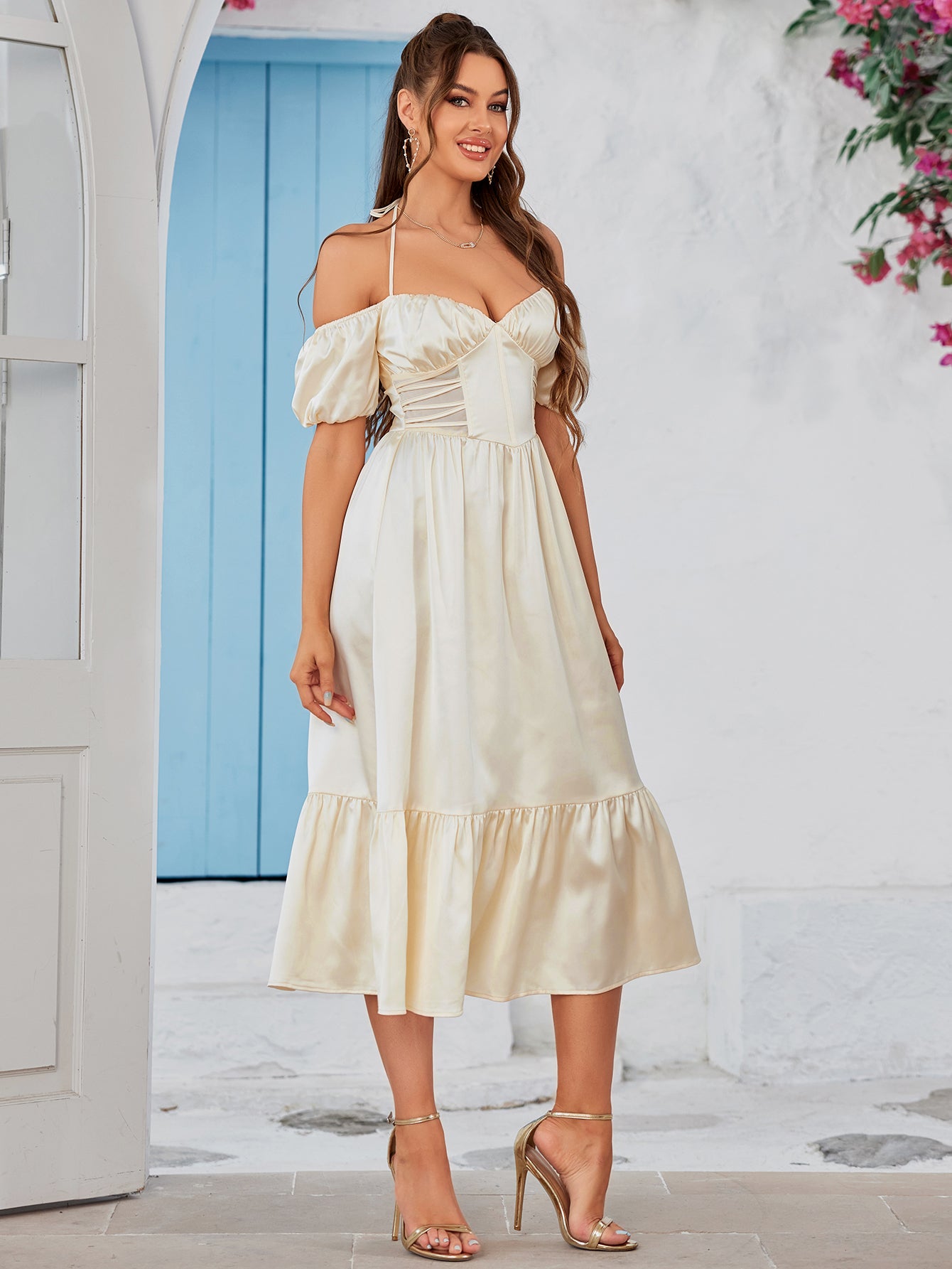Puff Sleeves Satin Midi Dress