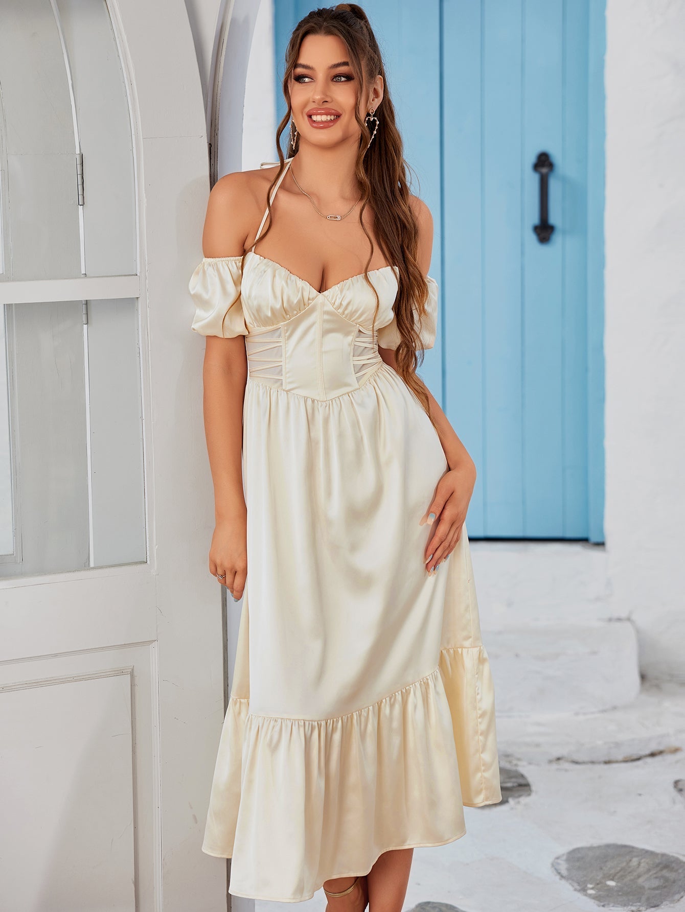 Puff Sleeves Satin Midi Dress
